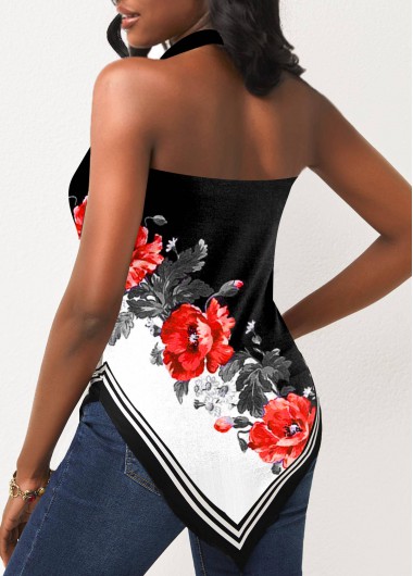 Black tops,Floral tops,ROTITA Floral Print Black Halter Asymmetric Hem Tank Top