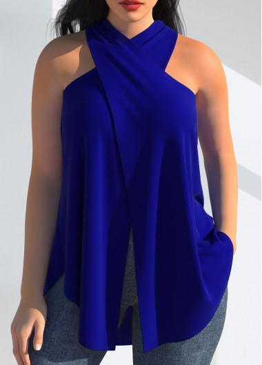 Royal Blue tops,Plain Color tops,ROTITA Royal Blue Halter Cross Front Tank Top