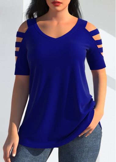 Royal Blue tops,Plain Color tops,ROTITA Cold Shoulder Royal Blue T Shirt