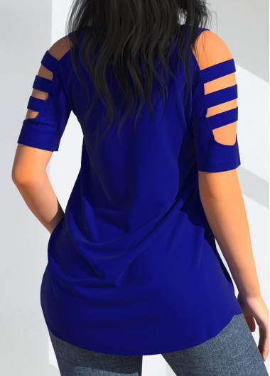 Royal Blue tops,Plain Color tops,ROTITA Cold Shoulder Royal Blue T Shirt