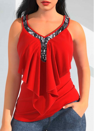 Red tops,Plain Color tops,ROTITA Sequin Detail Flounce Red Tank Top