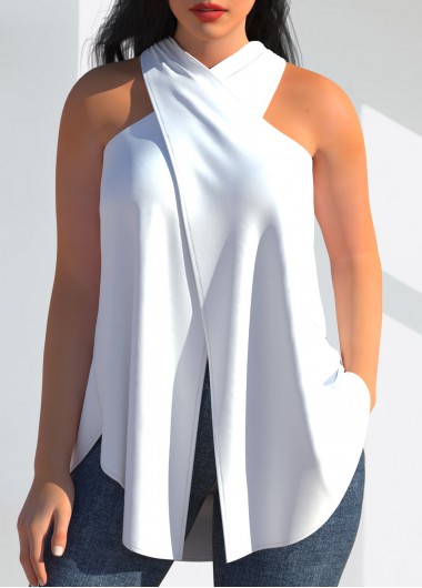 White tops,Plain Color tops,ROTITA Halter Cross Front White Tank Top
