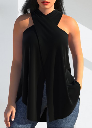 Black tops,Plain Color tops,ROTITA Halter Black Cross Front Tank Top
