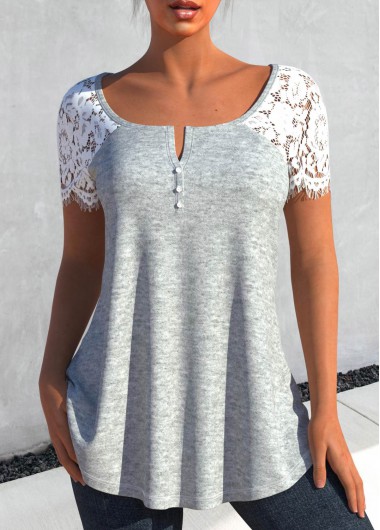 Grey tops,Plain Color tops,ROTITA Lace Patchwork Grey Short Sleeve T Shirt
