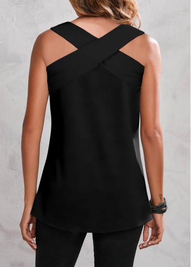 Black tops,Plain Color tops,ROTITA Cross Halter Crinkle Chest Black Tank Top