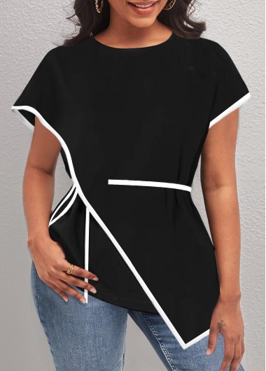 Black tops,Plain Color tops,ROTITA Asymmetric Hem Contrast Stitch Black T Shirt