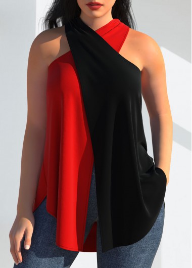 Red tops,Contrast Color tops,ROTITA Cross Front Red Halter Tank Top
