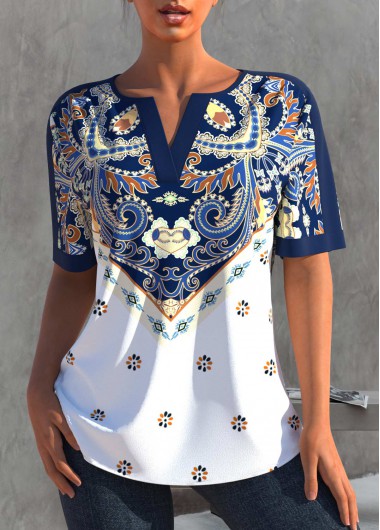 Tribal tops,ROTITA Split Neck Navy Blue Tribal Print Blouse