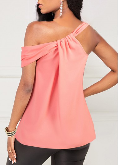 Pink tops,Plain Color tops,ROTITA Skew Neck Pink Fold Tank Top