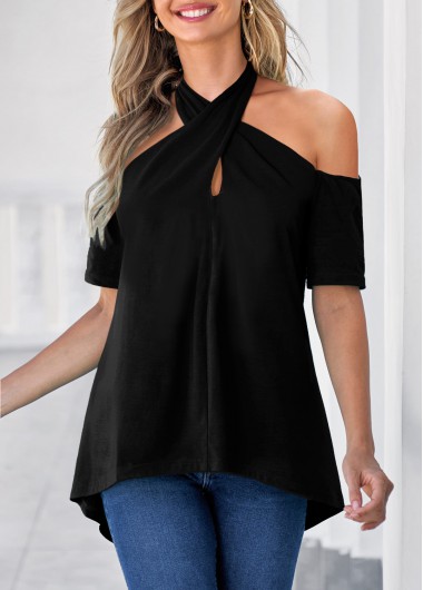 Black tops,Plain Color tops,ROTITA Cross Front Cold Shoulder Black T Shirt