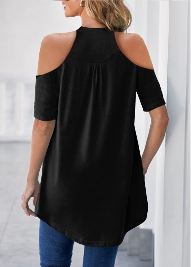 Black tops,Plain Color tops,ROTITA Cross Front Cold Shoulder Black T Shirt