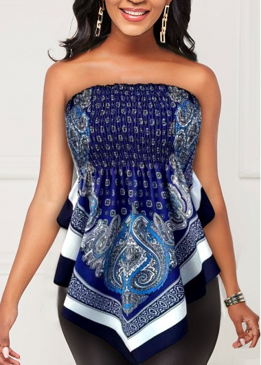 Tribal tops,ROTITA Asymmetric Hem Tribal Print Navy Blue Tank Top