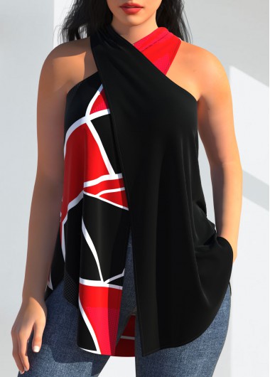 Black tops,Geometric tops,ROTITA Geometric Print Cross Halter Black Tank Top