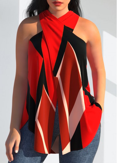 Red tops,Geometric tops,ROTITA Geometric Print Red Cross Halter Tank Top