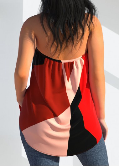 Red tops,Geometric tops,ROTITA Geometric Print Red Cross Halter Tank Top