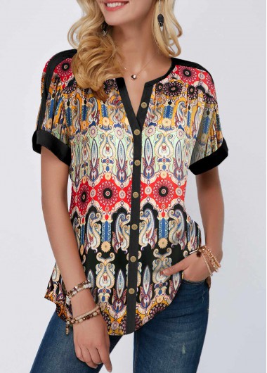 Multi Color tops,Tribal tops,ROTITA Tribal Print Split Neck Multi Color Blouse