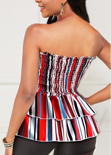 Multi Color tops,Striped tops,ROTITA Smocked Striped Layered Ruffle Hem Tank Top