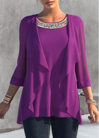 Purple tops,Plain Color tops,ROTITA Embellished Neck 3/4 Sleeve Purple T Shirt
