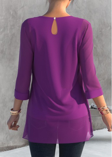 Purple tops,Plain Color tops,ROTITA Embellished Neck 3/4 Sleeve Purple T Shirt