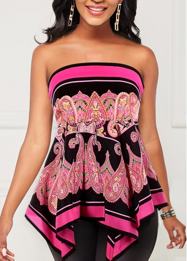 Paisley tops,ROTITA Paisley Print Asymmetric Hem Hot Pink Tank Top