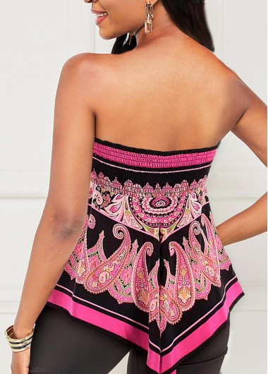 Paisley tops,ROTITA Paisley Print Asymmetric Hem Hot Pink Tank Top