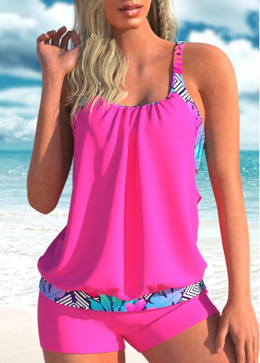 Hot Pink swimwear,Plants swimwear,ROTITA Wide Strap Hot Pink Geometric Print Tankini Set