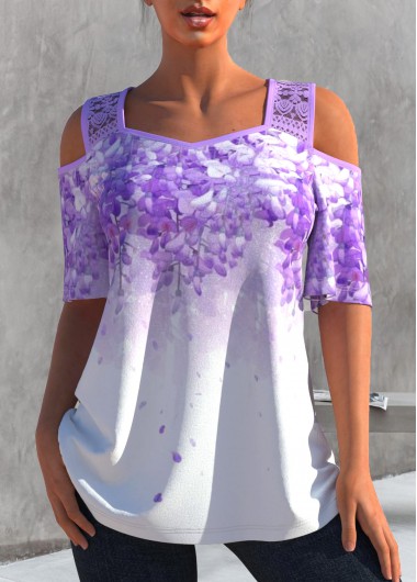 Light Purple tops,Floral tops,ROTITA Cold Shoulder Lace Stitching Light Purple T Shirt