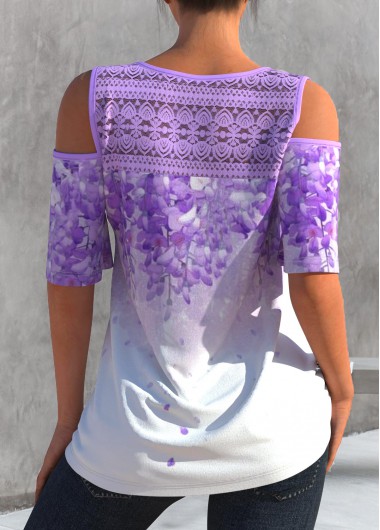 Light Purple tops,Floral tops,ROTITA Cold Shoulder Lace Stitching Light Purple T Shirt