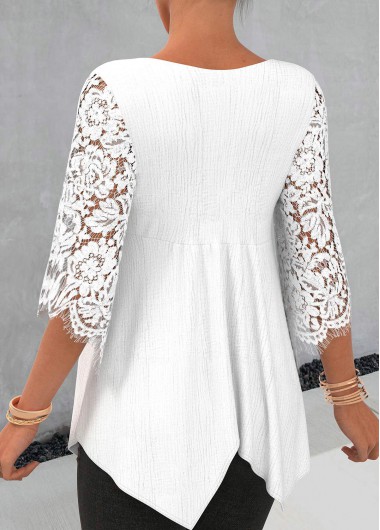 White tops,Plain Color tops,ROTITA White Lace Stitching Asymmetric Hem 3/4 Sleeve Blouse