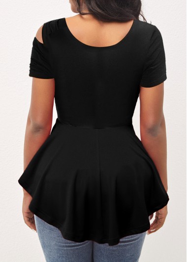 Black tops,Plain Color tops,Cold Shoulder Black Asymmetrical Neck Short Sleeve T Shirt