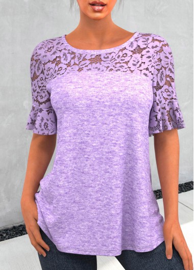 Purple tops,Plain Color tops,ROTITA Lace Patchwork Round Neck Purple T Shirt