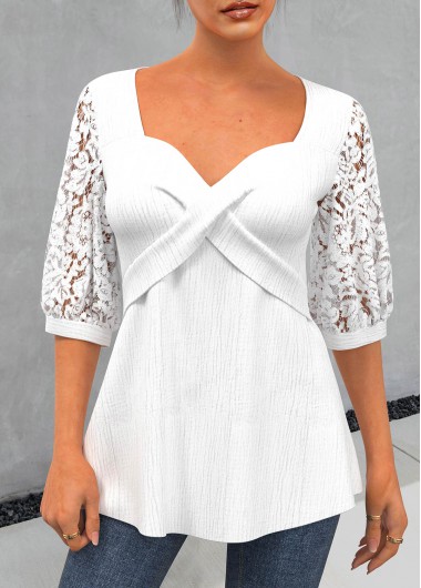 White tops,Plain Color tops,ROTITA Lace Patchwork White Sweetheart Neckline 3/4 Sleeve Blouse