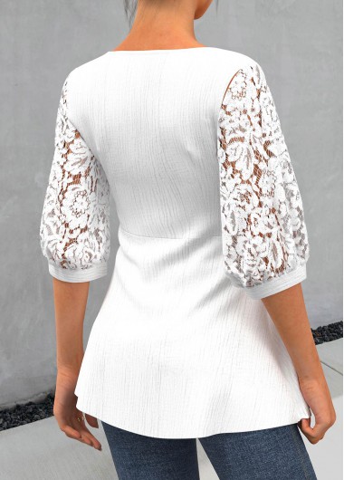 White tops,Plain Color tops,ROTITA Lace Patchwork White Sweetheart Neckline 3/4 Sleeve Blouse
