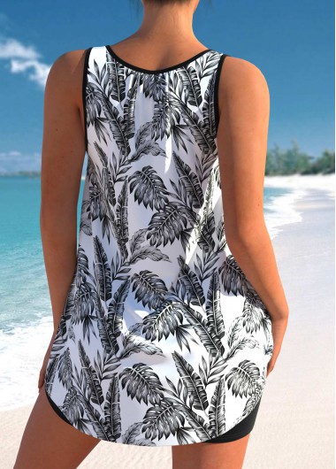 Black swimwear,Plants swimwear,ROTITA Tropical Print Bowknot Black Tankini Set