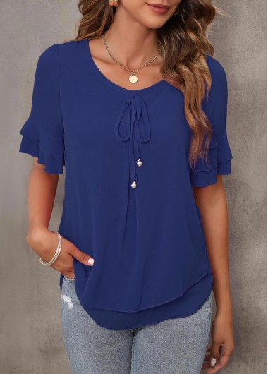 Plain Color tops,Tie Front Layered Hem Navy Blue T Shirt