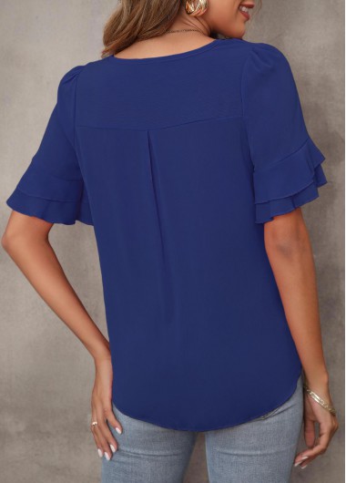 Plain Color tops,Tie Front Layered Hem Navy Blue T Shirt
