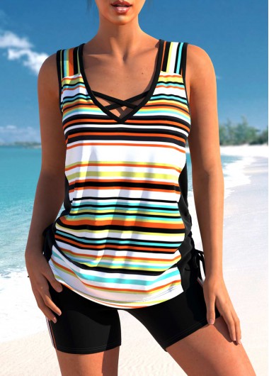Multi Color swimwear,Striped swimwear,ROTITA Cross Strap Striped Tie Side Tankini Set