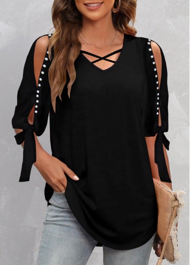 Black tops,Plain Color tops,Pearl Design Black Cold Shoulder T Shirt