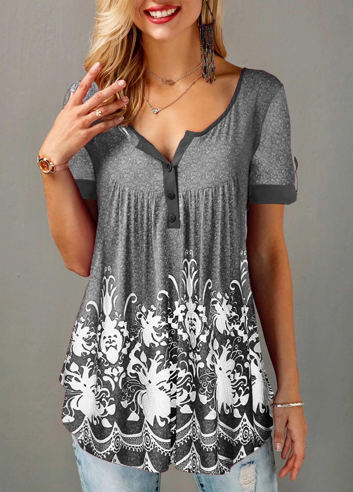 ROTITA Printed Button Detail Short Sleeve T Shirt | Rotita.com - USD $15.98