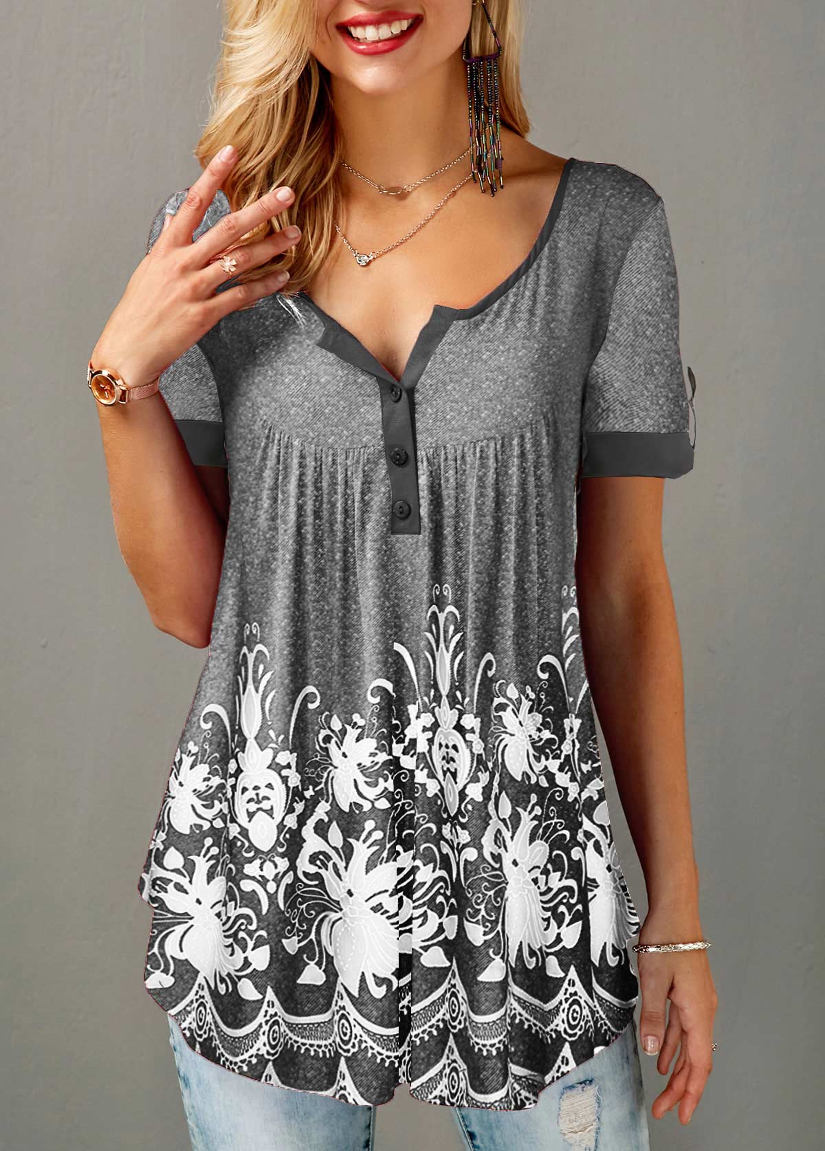 Grey tops,Floral tops,ROTITA Printed Button Detail Short Sleeve T Shirt