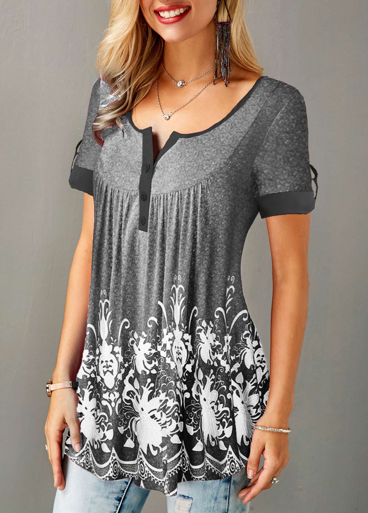 Grey tops,Floral tops,ROTITA Printed Button Detail Short Sleeve T Shirt
