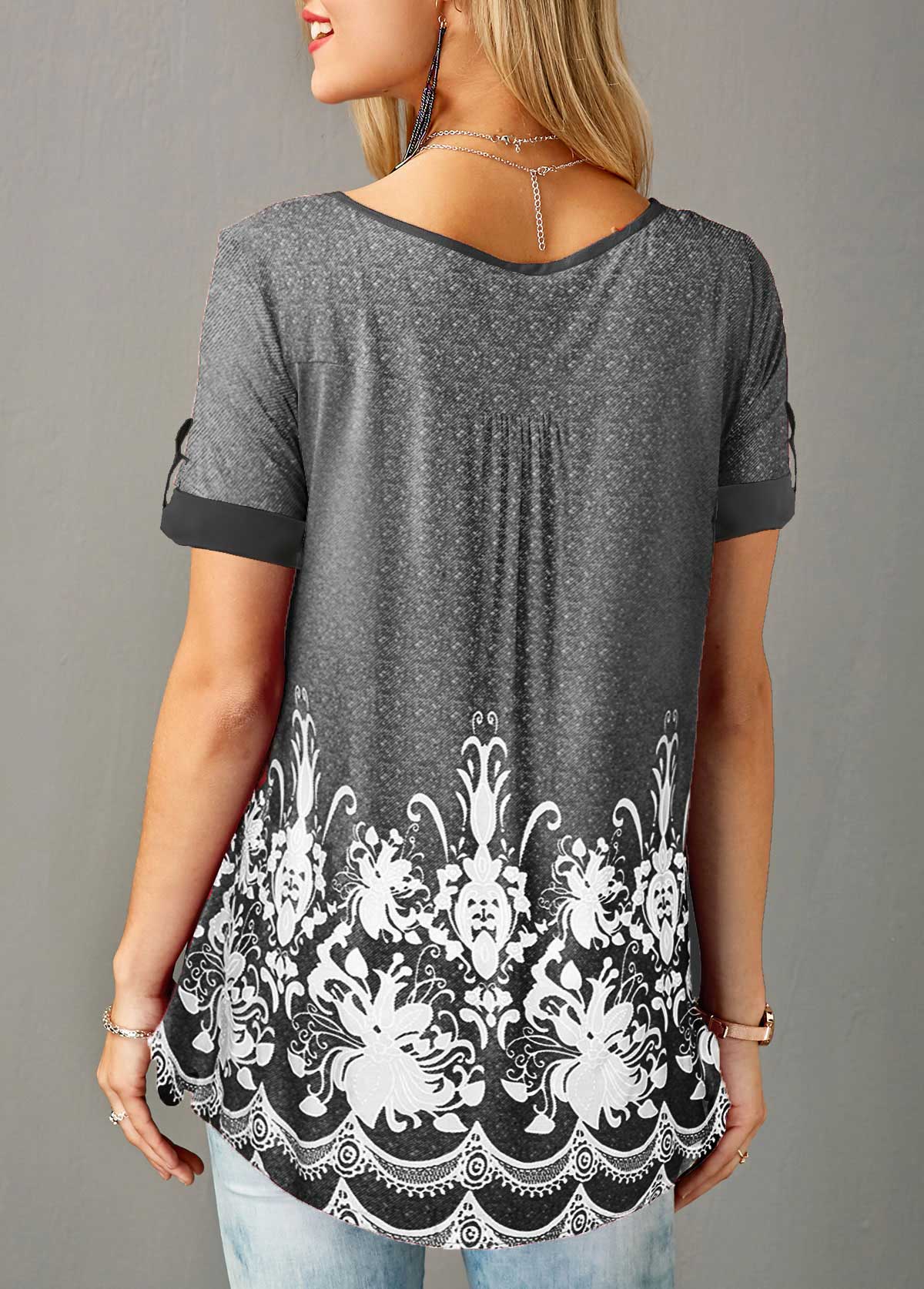 Grey tops,Floral tops,ROTITA Printed Button Detail Short Sleeve T Shirt