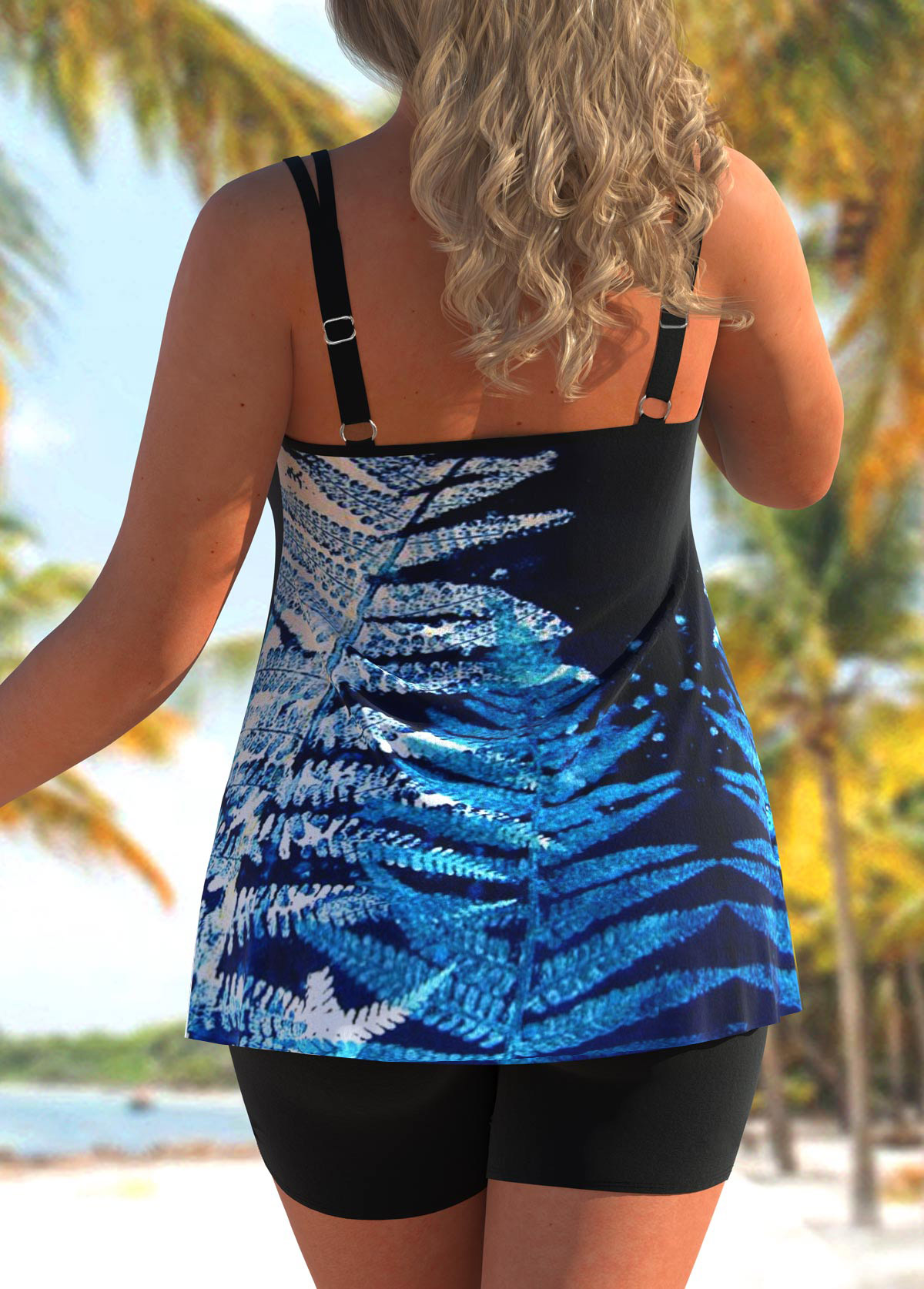Black plus size,Plants plus size,ROTITA Plus Size Black Leaf Print Tankini Top