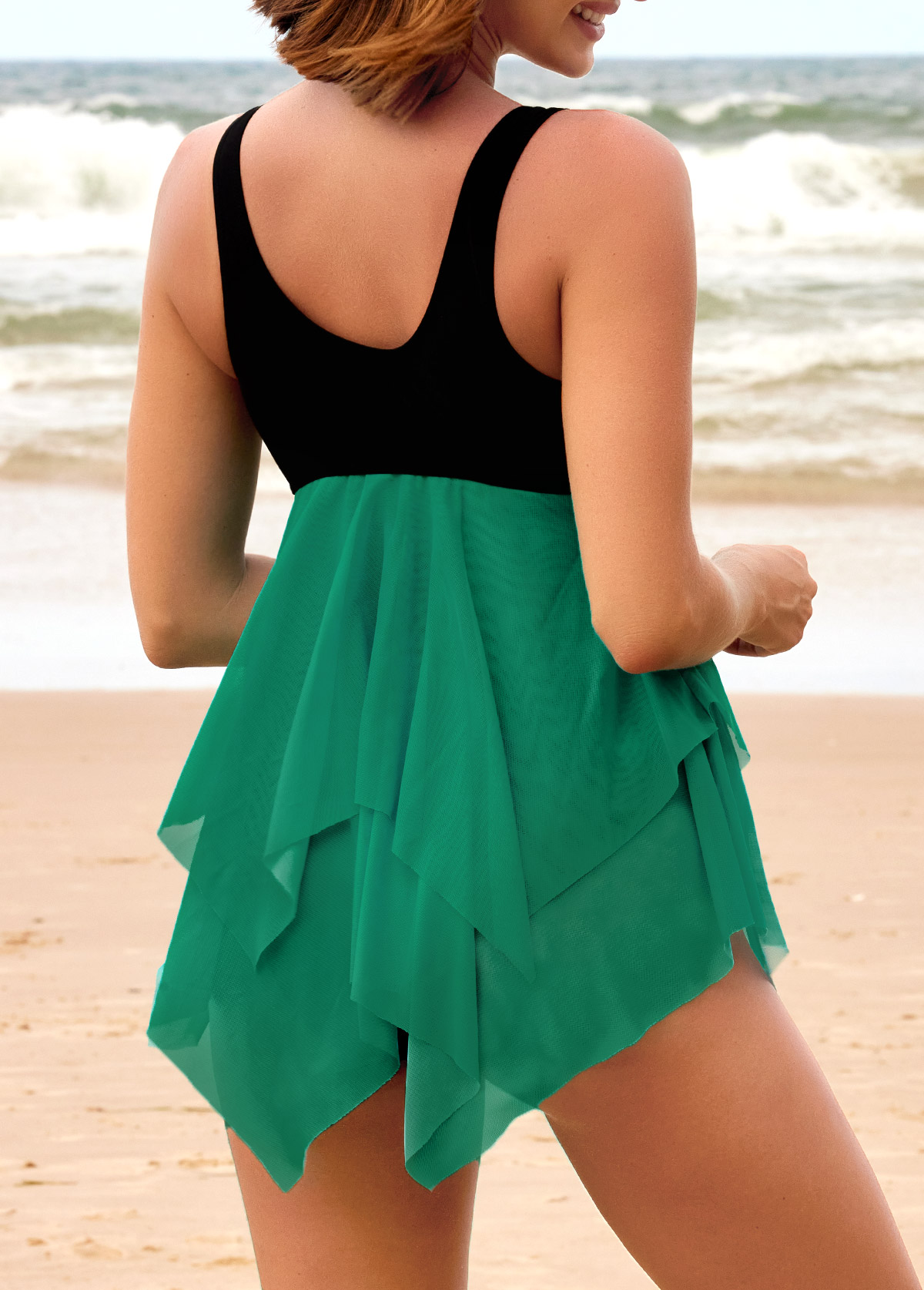 Cyan swimwear,Contrast Color swimwear,ROTITA Tie Front Asymmetric Hem Cyan Swimdress and Panty