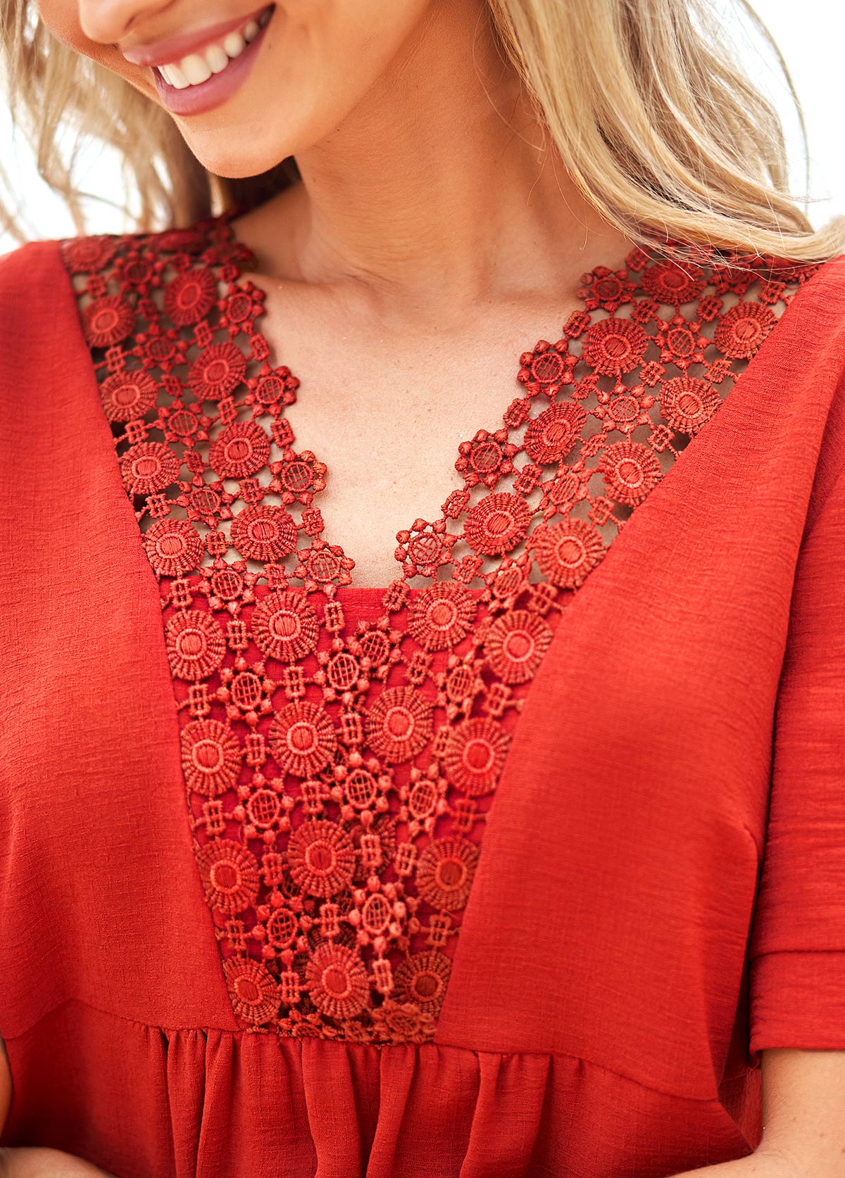 Brick Red tops,Plain Color tops,ROTITA Lace Patchwork Rust Red Short Sleeve T Shirt