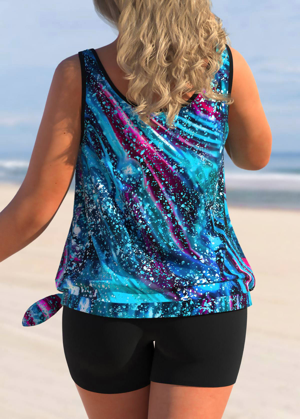 Light Blue plus size,Galaxy plus size,ROTITA Starry Night Print Tie Side Plus Size Tankini Top