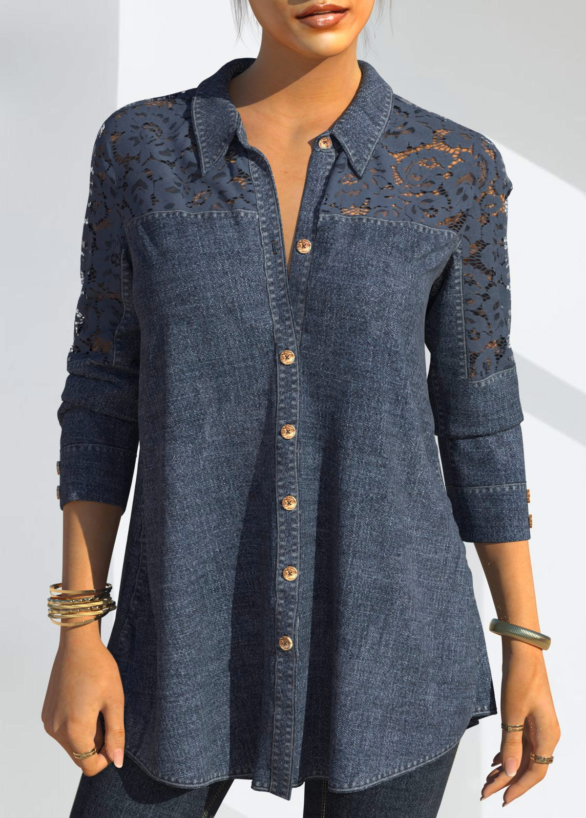 Denim Blue tops,Plain Color tops,ROTITA Denim Lace Stitching Button Up Blue Blouse