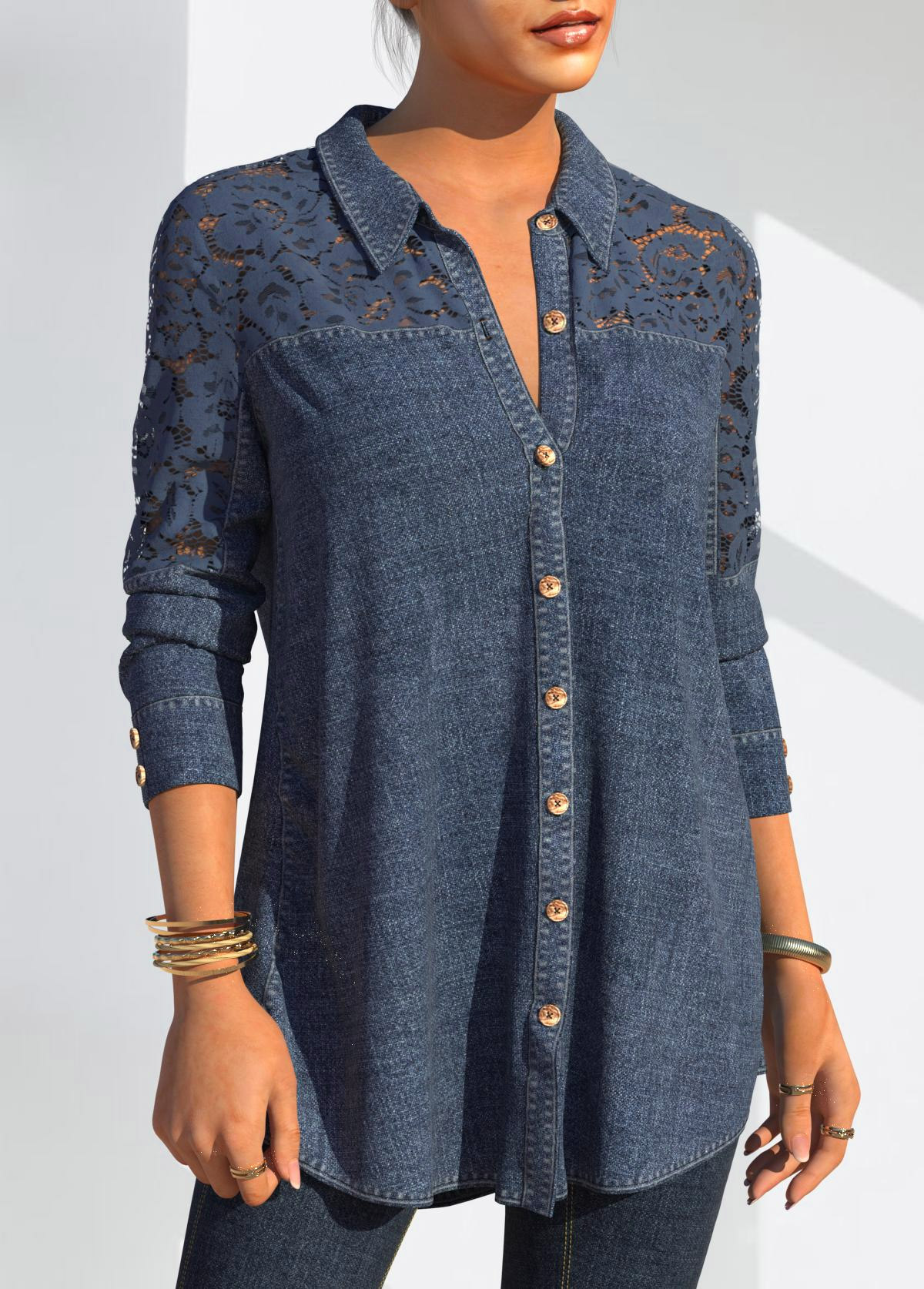 Denim Blue tops,Plain Color tops,ROTITA Denim Lace Stitching Button Up Blue Blouse