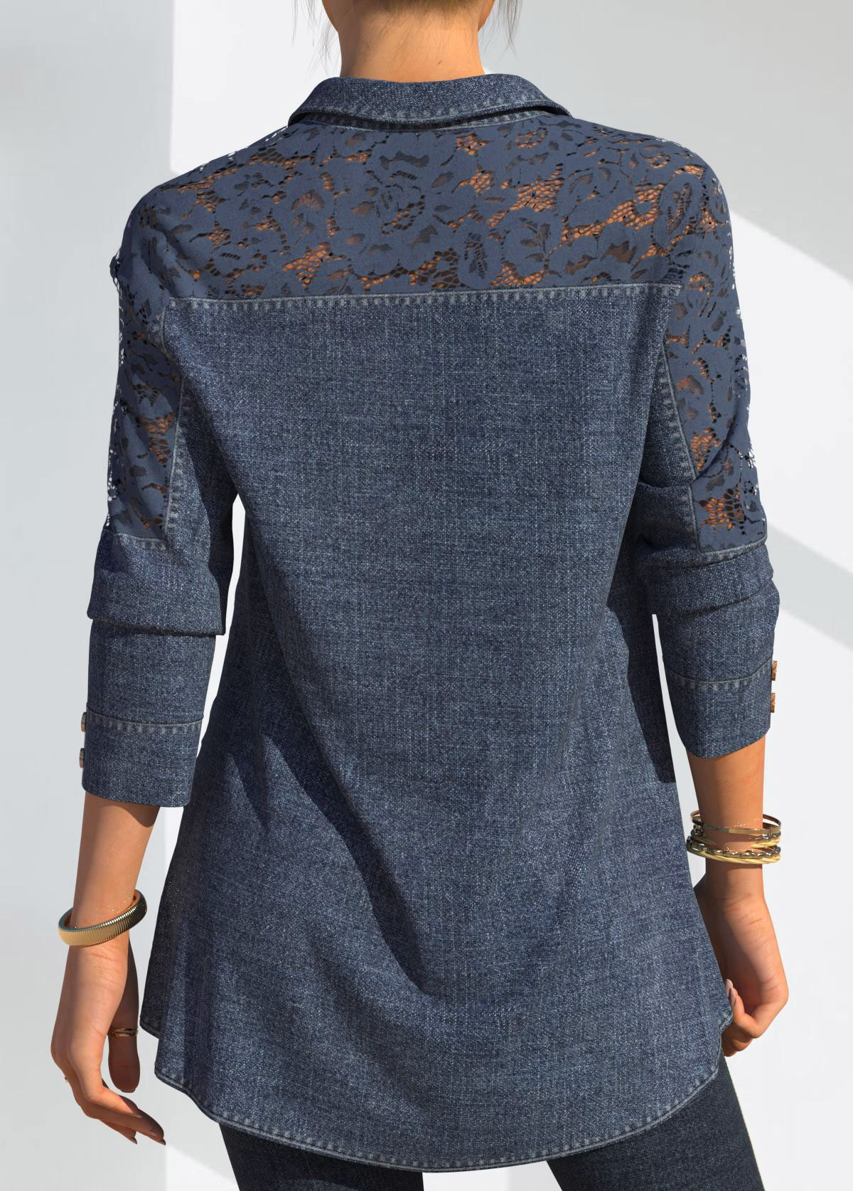 Denim Blue tops,Plain Color tops,ROTITA Denim Lace Stitching Button Up Blue Blouse