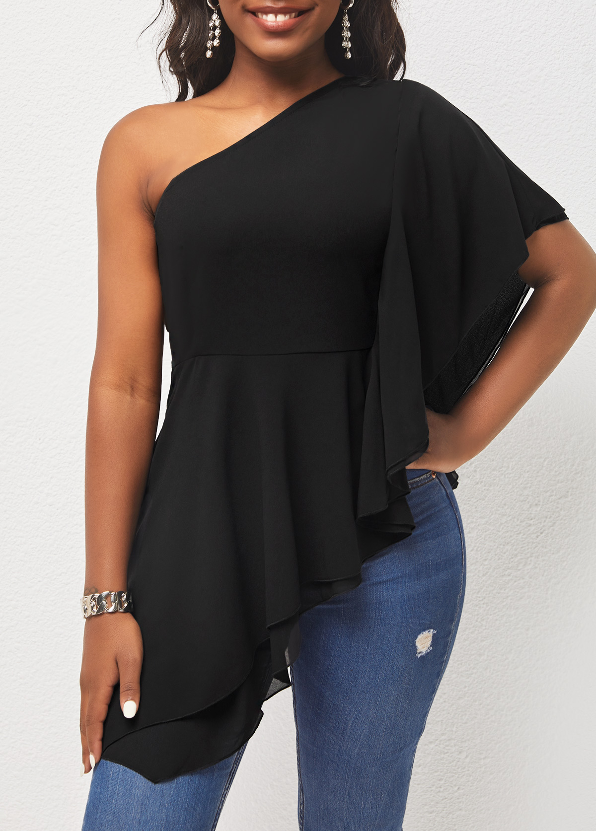 ROTITA Black Chiffon Skew Neck Asymmetric Hem Blouse